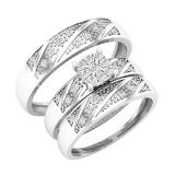 Round Lab Grown White Diamond Halo Cushion Head Matching Wedding Trio Ring Set for Men & Women (0.32 ctw, Color H-I, Clarity SI2) in 925 Sterling Silver
