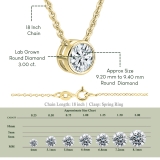 IGI Certified 3.00 Cttw Round Lab Grown Diamond Solitaire Bezel Set Pendant with 18 inch Gold Chain,14K Yellow Gold