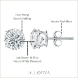 10K White Gold 4 Prong Solitaire Stud Earrings, 0.25 CT Round Lab Grown Diamond in Push Back
