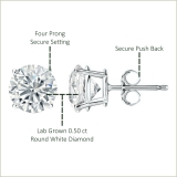 10K White Gold 4 Prong Solitaire Stud Earrings, 0.50 CT Round Lab Grown Diamond in Push Back