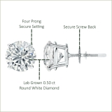 10K White Gold 4 Prong Solitaire Stud Earrings, 0.50 CT Round Lab Grown Diamond in Screw Back