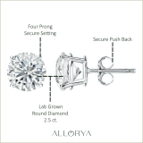 10K White Gold 4 Prong Solitaire Stud Earrings, IGI Certified 2.50 CT Round Lab Grown Diamond in Push Back