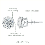 14K White Gold 4 Prong Solitaire Stud Earrings, IGI Certified 1.00 CT Round Lab Grown Diamond in Screw Back