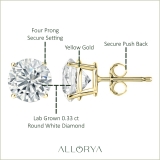 14K Yellow Gold 4 Prong Solitaire Stud Earrings, 0.33 CT Round Lab Grown Diamond in Push Back