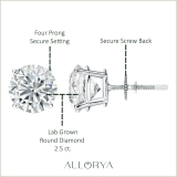 18K White Gold 4 Prong Solitaire Stud Earrings, IGI Certified 2.50 CT Round Lab Grown Diamond in Screw Back