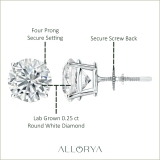 925 Sterling Silver 4 Prong Solitaire Stud Earrings, 0.25 CT Round Lab Grown Diamond in Screw Back