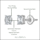 0.25 Ctw Emerald Cut Lab Grown Diamond Solitaire 4 Prong Stud Earrings, 10K White Gold in Screw Back