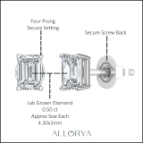 0.50 Ctw Emerald Cut Lab Grown Diamond Solitaire 4 Prong Stud Earrings, 10K White Gold in Push Back