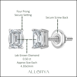 0.50 Ctw Emerald Cut Lab Grown Diamond Solitaire 4 Prong Stud Earrings, 10K White Gold in Screw Back