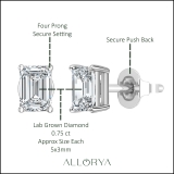0.75 Ctw Emerald Cut Lab Grown Diamond Solitaire 4 Prong Stud Earrings, 10K White Gold in Push Back