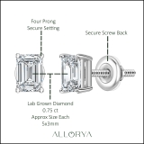 0.75 Ctw Emerald Cut Lab Grown Diamond Solitaire 4 Prong Stud Earrings, 10K White Gold in Screw Back