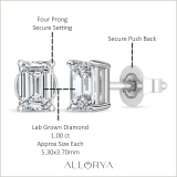 IGI Certified 1.00 Ctw Emerald Cut Lab Grown Diamond Solitaire 4 Prong Stud Earrings, 10K White Gold in Push Back