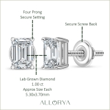 IGI Certified 1.00 Ctw Emerald Cut Lab Grown Diamond Solitaire 4 Prong Stud Earrings, 10K White Gold in Screw Back