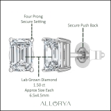IGI Certified 1.50 Ctw Emerald Cut Lab Grown Diamond Solitaire 4 Prong Stud Earrings, 10K White Gold in Push Back