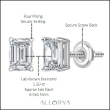 IGI Certified 1.50 Ctw Emerald Cut Lab Grown Diamond Solitaire 4 Prong Stud Earrings, 10K White Gold in Screw Back