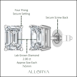 IGI Certified 2.00 Ctw Emerald Cut Lab Grown Diamond Solitaire 4 Prong Stud Earrings, 10K White Gold in Push Back
