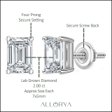 IGI Certified 2.00 Ctw Emerald Cut Lab Grown Diamond Solitaire 4 Prong Stud Earrings, 10K White Gold in Screw Back