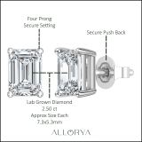 IGI Certified 2.50 Ctw Emerald Cut Lab Grown Diamond Solitaire 4 Prong Stud Earrings, 10K White Gold in Push Back