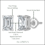 IGI Certified 2.50 Ctw Emerald Cut Lab Grown Diamond Solitaire 4 Prong Stud Earrings, 10K White Gold in Screw Back