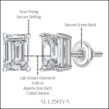 IGI Certified 3.00 Ctw Emerald Cut Lab Grown Diamond Solitaire 4 Prong Stud Earrings, 10K White Gold in Screw Back