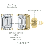 IGI Certified 3.00 Ctw Emerald Cut Lab Grown Diamond Solitaire 4 Prong Stud Earrings, 14K Yellow Gold in Push Back