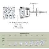 IGI Certified 3.00 Ctw Cushion Lab Grown Diamond 4 Prong Solitaire Stud Earrings for Women in 10K White Gold in Screw Back