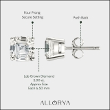 IGI Certified 3.00 Cttw Asscher Lab Grown Diamond Solitaire Stud Earrings for Women in 925 Sterling Silver in Push Back