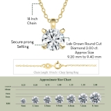 IGI Certified 3.00 Ctw Round Solitaire Lab Grown Diamond Classic Four Prong Pendant with 18 inch Gold Chain, 14K Yellow Gold
