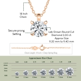 IGI Certified 3.00 Ctw Round Solitaire Lab Grown Diamond Classic Four Prong Pendant with 18 inch Gold Chain, 18K Rose Gold