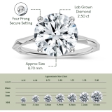 925 Sterling Silver Solitaire Textured Shank Ring, IGI Certified 2.50 ctw Round Lab Grown Diamond