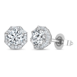 Hexagon Halo Push Back Stud Earrings for Women with 0.45 ctw, Round Lab Grown Diamond, 925 Sterling Silver