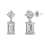 925 Sterling Silver Drop Earrings, 0.75 ctw Emerald & Round Lab Grown Diamond in Push Back