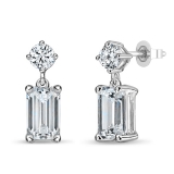 925 Sterling Silver Drop Earrings, IGI Certified 1.00 ctw Emerald & Round Lab Grown Diamond in Push Back