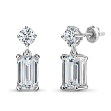 925 Sterling Silver Drop Earrings, IGI Certified 1.00 ctw Emerald & Round Lab Grown Diamond in Screw Back