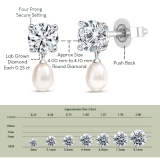 10K White Gold Drop Earrings, 6x4mm Cultured Freshwater Pearl & 0.50 CT Round Lab Grown Diamond in Push Back
