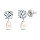 10K White Gold Drop Earrings, 6x4mm Cultured Freshwater Pearl & 0.50 CT Round Lab Grown Diamond in Screw Back
