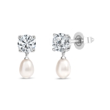10K White Gold Drop Earrings, 6x4mm Cultured Freshwater Pearl & 0.75 CT Round Lab Grown Diamond in Push Back