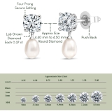 10K White Gold Drop Earrings, 6x4mm Cultured Freshwater Pearl & 0.75 CT Round Lab Grown Diamond in Push Back