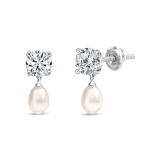 10K White Gold Drop Earrings, 6x4mm Cultured Freshwater Pearl & 0.75 CT Round Lab Grown Diamond in Screw Back