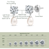 10K White Gold Drop Earrings, 6x4mm Cultured Freshwater Pearl & 0.75 CT Round Lab Grown Diamond in Screw Back