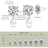 10K White Gold IGI Certified Drop Earrings, 6x4mm Cultured Freshwater Pearl & 1.50 CT Round Lab Grown Diamond in Push Back