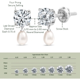 10K White Gold IGI Certified Drop Earrings, 6x4mm Cultured Freshwater Pearl & 1.50 CT Round Lab Grown Diamond in Screw Back