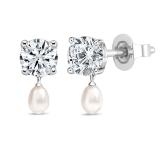 10K White Gold IGI Certified Drop Earrings, 6x4mm Cultured Freshwater Pearl & 2.00 CT Round Lab Grown Diamond in Push Back