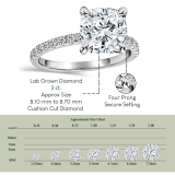 925 Sterling Silver Engagement Ring, IGI Certified with 3.25 ctw Cushion & Round Lab Grown Diamond