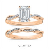 10K Rose Gold Interwined Solitaire Ring Set, IGI Certified 1.75 Ctw Lab-Grown Emerald & Round Diamonds