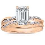 10K Rose Gold Interwined Solitaire Ring Set, IGI Certified 2.25 Ctw Lab-Grown Emerald & Round Diamonds