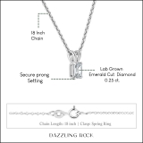 0.25 Cttw Emerald Solitaire Lab Grown Diamond 4 Prong Pendant with 18 inch Gold Chain, 10K Solid White Gold