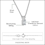 0.50 Cttw Emerald Solitaire Lab Grown Diamond 4 Prong Pendant with 18 inch Gold Chain, 10K Solid White Gold