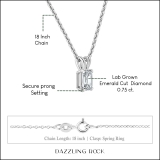 IGI Certified 0.75 Cttw Emerald Solitaire Lab Grown Diamond 4 Prong Pendant with 18 inch Gold Chain, 10K Solid White Gold