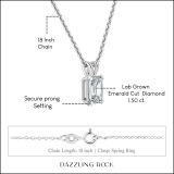 IGI Certified 1.50 Cttw Emerald Solitaire Lab Grown Diamond 4 Prong Pendant with 18 inch Gold Chain, 10K Solid White Gold